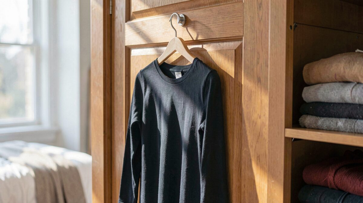 A wooden door hook in a bedroom holding a dark long-sleeved dress, morning window light falling across the fabric, a shallow shelf of folded knits visible at the edge of the frame, shot at eye level.