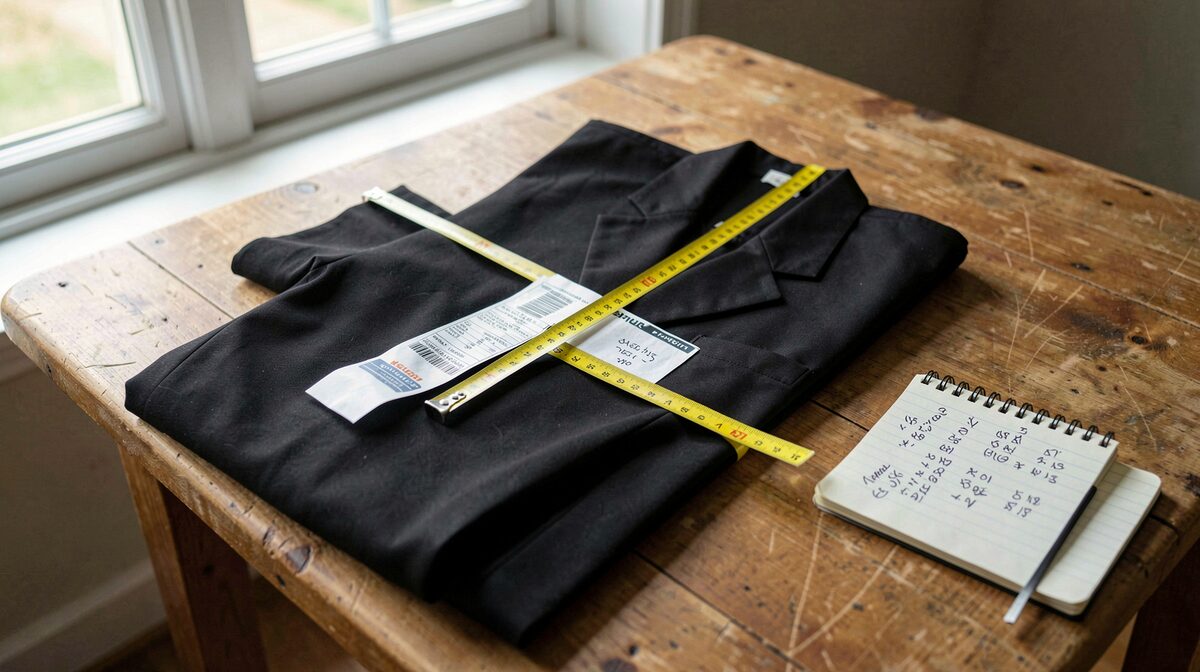 A wooden table by a window in daylight, a folded long black garment laid flat with a yellow tape measure across the chest, a paper care label and a small notebook with handwritten measurements beside it, shot from slightly above.