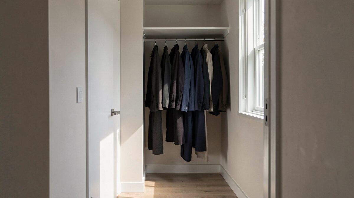 A walk-in wardrobe with a single full-height rail of long dark garments, a 1-inch gap under the door, daylight crossing from a side window onto the floor rather than the cloth, shot from the doorway at waist height.